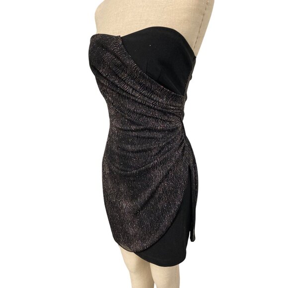 Strapless Ruched Bodycon Dress By Teez Me Juniors Size 7 Spandex Black Gold - Picture 3 of 8